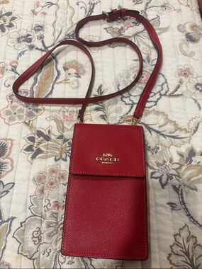Coach Red Leather Crossbody Phone Pouch with Gold Logo